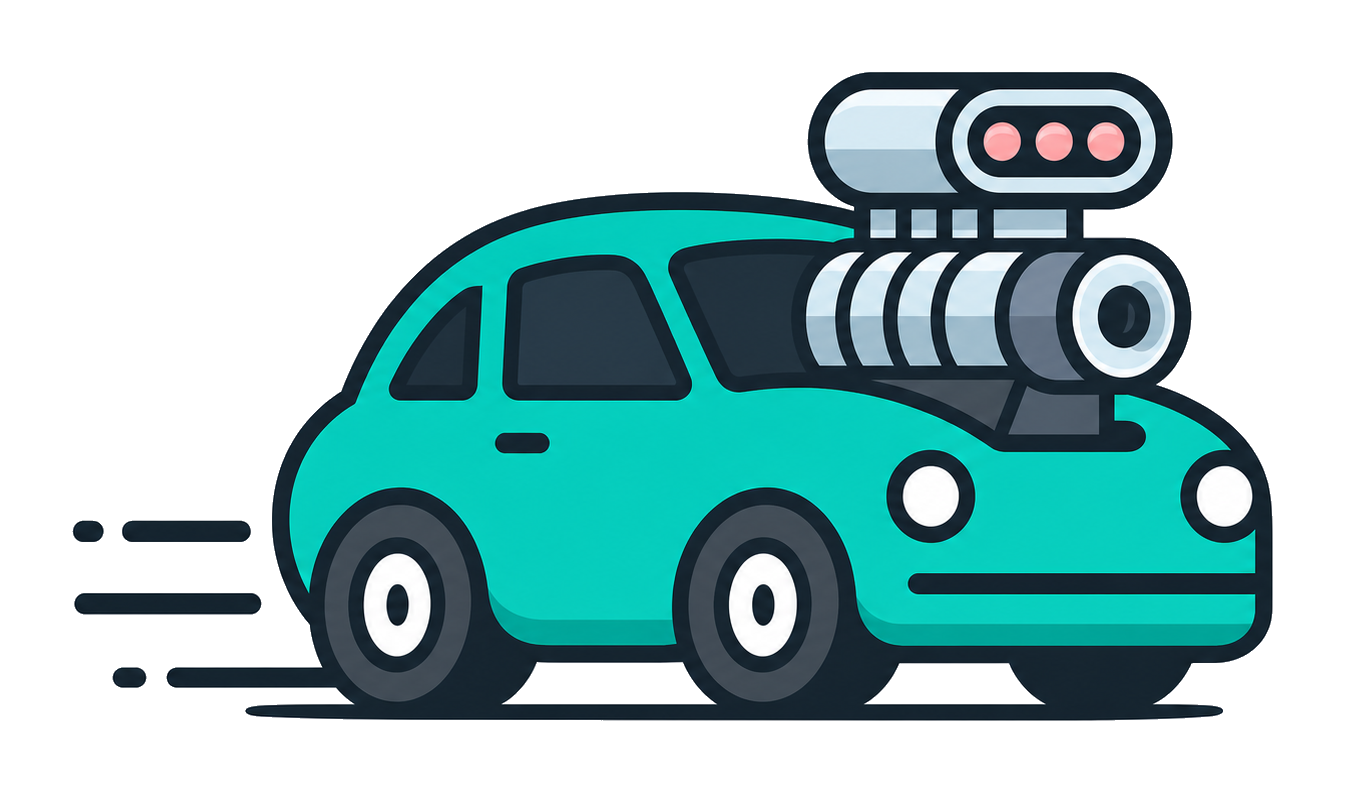 Teal compact car with an oversized engine